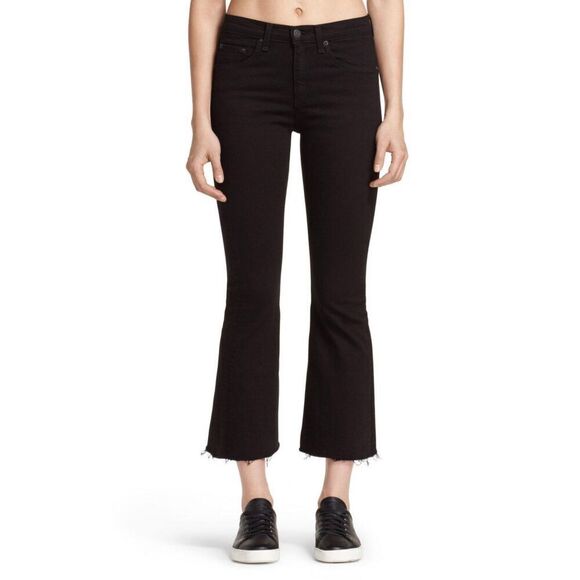 Rag & Bone Womens Frayed Hem 10-inch Crop Flare Jeans Dark‎ Blue Dune Size 27 - Picture 1 of 13